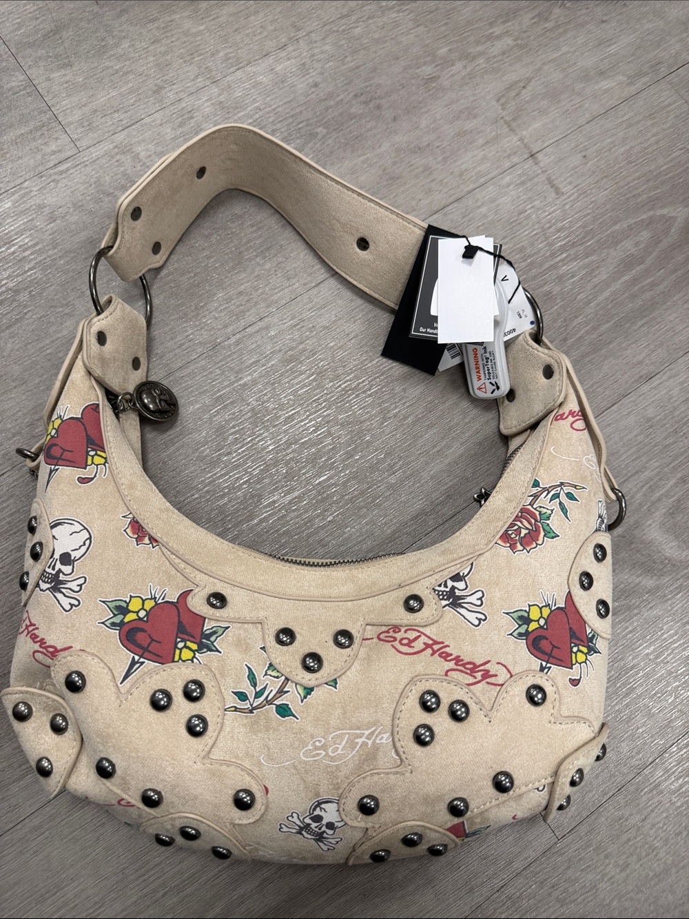 Ed Hardy Beige Studded Hobo with Tattoo Heart & Skull Print